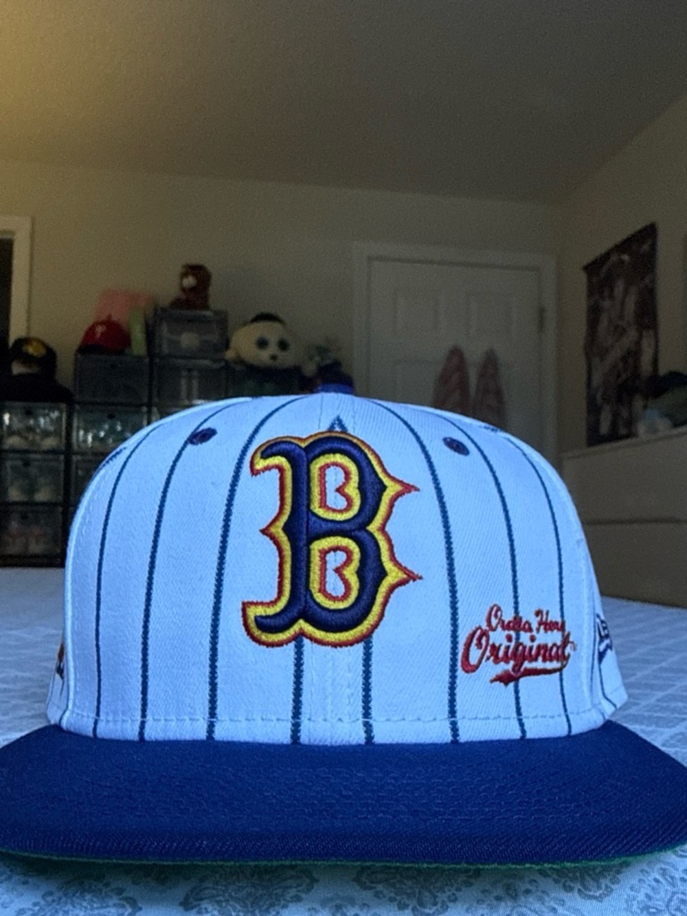 New Era White Pinstripe Baseball Cap with Navy Brim
